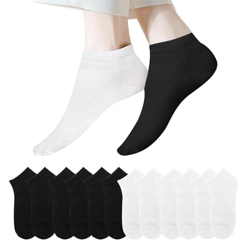 Image of Lakpoau Ankle Socks for Mens Womens 12 Pairs Cotton Trainer Socks Low Cut Breathable Sports Socks Running Sock Athletic Gym Sock Walking Short - Black White Size UK 9-12