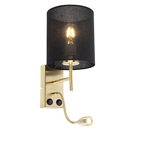 Image of Qazqa - Art Deco Wall Lamp I Wall Light Gold with Cotton Black Shade - Stacca- - Art Deco - LED | 1 Light - Steel Wall Light - Suitable for Living Room I Kitchen I Bedroom I
