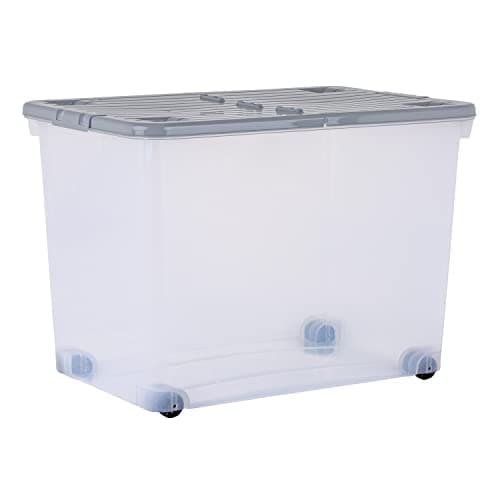 Image of Wham Wheel 3 x 80L Plastic Storage Boxes with Folding Lid & Wheels | Ideal for Home, Office, Toys & More | Large Boxes | Made in UK - Clear/Cool Grey