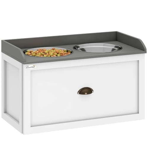 Image of PawHut Stainless Steel Raised Dog Bowls, Double Dog Food and Water Bowl w/ 21L Storage Drawer, for Large Dogs - White