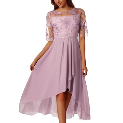 Image of Women's Tea Length Embroidery Lace Chiffon Dress Mock Dress, red, L