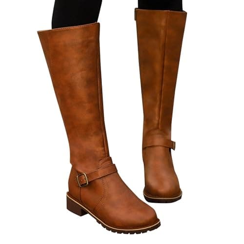 Image of Clearance Women's Knee High Winter Boots - Plus Size & Mid Calf Zipper Boots with Low Heels, Thick Soles & Waterproof Design - Size UK 3-7.5