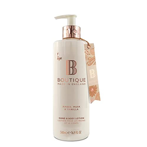 Image of Boutique Amber, Musk & Vanilla Fragrance Hand & Body Lotion 500ml – Vegan Body Moisturiser with Essential Oils, Made in England – Lightly Scented Refreshing Hand & Body Care