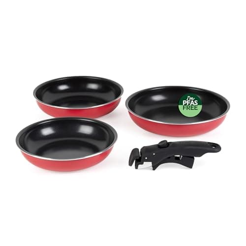 Image of Russell Hobbs Riviera 3-Piece Frying Pan Set – 20, 24, and 28 cm Non-Stick Smart Clip Cooking Pans, Clip-On Soft-Touch Handle, Stackable, Oven Safe, Induction Suitable, PFAS-Free, Non-Toxic, Red/Black