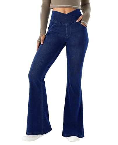 Image of LaiEr Women V Crossover High Waist Tummy Control Casual Fitness Skinny Yoga Pants, Faux Denim Print Women's Bootcut Yoga Pants, Flared Fitness Trousers with Side Pockets(Dark Blues)