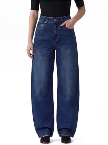 Image of Chasehot Barrel Jeans for Women, High Waisted Stretchy Trendy Wide Leg Sweatpant Jeans Vintage Relaxed Fit Baggy Boyfriend Cute Ladies Denim Pants, Classic Indigo Blue-Size 12