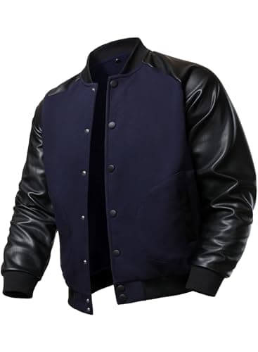 Image of FANARCHER Men's Varsity Baseball Jacket Cotton Blend Letterman Jacket with Faux Leather Sleeve Bomber Coat, Navy, L