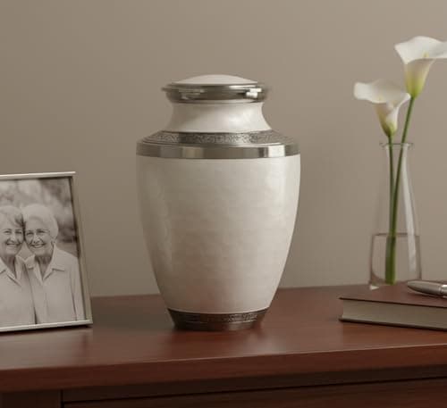 Image of eSplanade Metal Cremation Urn | White Marble Pattern | Classic Memorial Container Jar Pot | 10"x7" | 3300 ml/200 cu in | Adult Ashes Up to 200 lb/90 kg