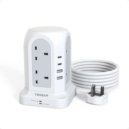 Image of TESSAN Tower Extension Lead 3M with 4 USB Slots (2 USB C), Extension Lead Surge Protection, 8 Way Multi Plug Power Strip with Switch, Plug Extension Socket with 3 Meter Cable for Home, Office, School