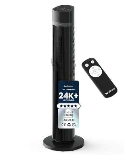 Image of Pro Breeze 40-Inch Bladeless Tower Fan with Remote Control, Quiet 45W Motor, 90° Oscillation, 15H Timer, 4 Modes, 3 Speeds – Powerful & Portable Silent Standing Cooling Fan for Bedroom, Home, Office