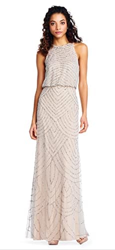 Image of Adrianna Papell Women's Halter Art Deco Beaded Blouson Dress Special Occasion, Silver/Nude, 20