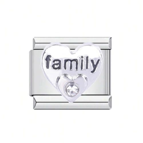 Image of Mon & Sons Family Crystal I Love You Heart Charm Silver Italian Link Stainless Steel Bracelet Charm Compatible With 9mm Bracelet