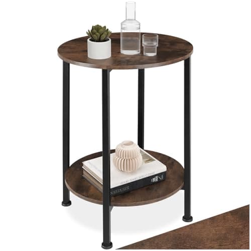 Image of tectake® 2-Tier Round Side Table in Minimalist Design with Industrial Steel Frame, Wood-Look Tabletop & Lower Shelf, Small Coffee Table for Living Room, Bedroom & Hallway, Ø 45 x 64 cm - Dark Wood