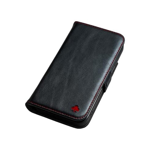 Image of PORTER RILEY - Leather Case for iPhone 11 (6.1 Inch). Premium Genuine Leather Stand/Case/Wallet/Flip Cover with Horizontal Stand, Durable Frame (Black/Red)