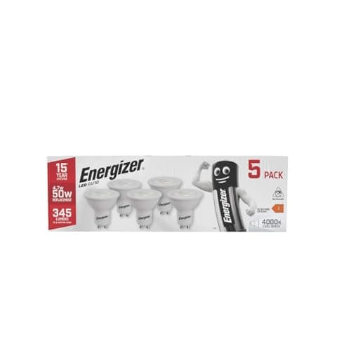 Image of Energizer GU10 LED Bulbs Cool White. 50w Equivalent Spotlight Bulbs. 4000k 345 Lumen. Non Dimmable - Pack of 5