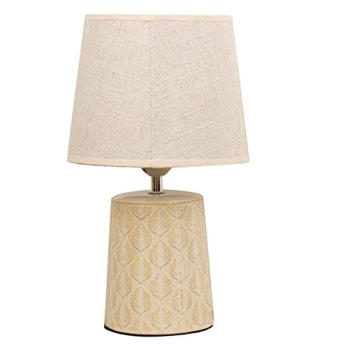 Image of Britalia Cream Ceramic Vintage Leaf Print Tapered Cylindrical Base Table Desk Lamp with Beige Linen Lampshade | 35cm Height | ES E27 Lamp Bulb Required | UK Approved