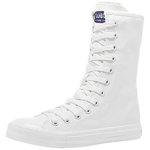 Image of rismart Women's Canvas Boots Mid Calf Punk High Tops Lace up Shoes(White,8 UK)