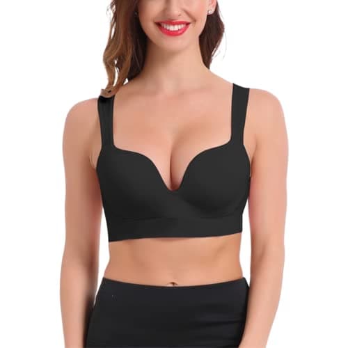 Image of URPLITY Women's Seamless Sports Bra Yoga Bra Padded Cotton High Impact Push up Support Pullover Breathable Comfy Sport Camisole U Plunge Bra, Black, L