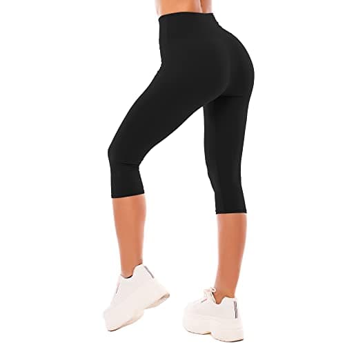 Image of SINOPHANT High Waisted Capri 3/4 Length Leggings for Women, Buttery Soft Elastic Opaque Tummy Control Leggings, Cropped Trousers for Workout Gym Yoga(Black, S-M)