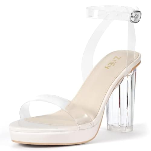Image of ZriEy 4-Inch Platform Clear High Heels for Women Block Chunky Heeled Sandals Open Toe Ankle Strap Heels Wedding Party Evening Prom Dress Pump Sandal Shoes, Beige Clear, 3 UK