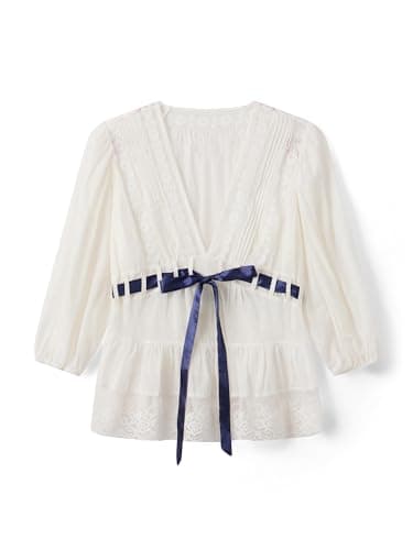 Image of Women Pleated Ruffles Lace Trim T Shirts Front Bow Tie Up Ruched Cinch Waist Tops Fashion Long Sleeve V Neck See Through Blouses (A-White, XL)