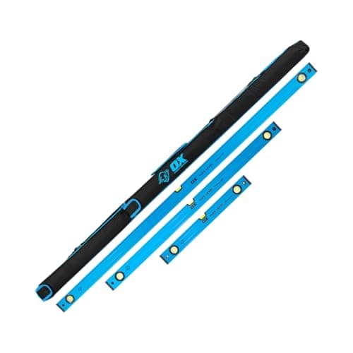 Image of OX 3PC Pro Tuff Spirit Level Set with Carry Bag - 600mm,1200mm, 1800mm, Heavy Duty Aluminium with Shock-Resistant Rubber End Caps, 3 Ultra Precision Vials, Easy-Clean, Clog-Free Design, OX-P506803