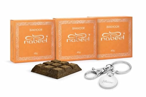 Image of Nabeel Perfumes Oudh Bakhoor Incense Bricks – 3 Boxes x 9 Pieces Each – Long Lasting Oriental-Woody Fragrance with JRose Trolley Keychain – Home & Gift Set