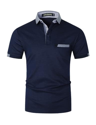 Image of VHUQGVU Mens Polo Shirts Short Sleeve Contrasting Plaids Practical Breast Pocket Golf Polos,Blue 24,M