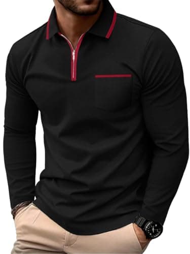 Image of PrinStory Mens Long Sleeve Polo Shirts Quarter Zip Polo Shirts Golf Tennis Tops Casual Cotton Tee Tops with Pockets (Black, M)