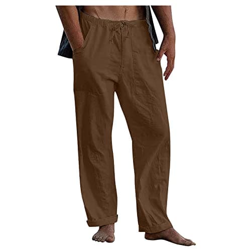 Image of Lxitoler Elastic Beach Pants Palazzo Trousers Linen Trousers Men Mens Linen Trousers Loose Fit Men's Linen Pants Loose Fit Drawstring Trousers Mens Cotton Trousers Cotton Jogging Bottoms Summer