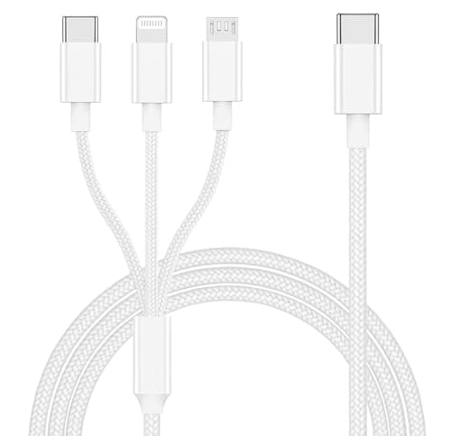 Image of Yashvi 3-in-1 Multi Charger Cable compatible with iPhone, USB-C, Micro USB, 1.2M Fast Charging Cable, 60W PD, Braided White