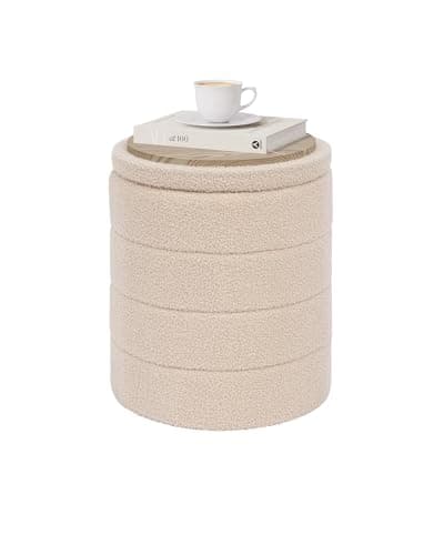 Image of PINPLUS Round Ottoman Storage Box in Boucle Fabric, Padded Convertible Coffee Table & Folding Footstool for Living Room, Bedroom, 37×37×45 cm, Beige