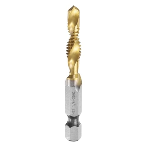 Image of sourcing map Combination Drill and Tap Bit, SAE 1/4-20NC Thread 1/4" Hex Shank, Titanium Coated Threading Screw Taps Spiral Flute Tapping Tool, High Speed Steel (HSS) 4341