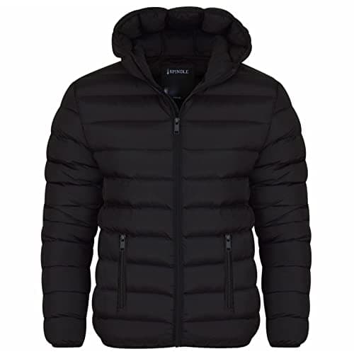 Image of Spindle Mens Plain Black Hooded Padded Quilted Puffer Jacket Winter Coat 2 Zip Pockets Black With Zips S