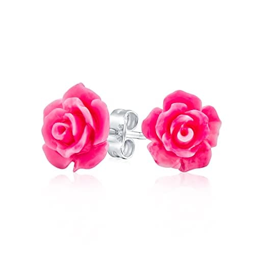 Image of Romantic Delicate Floral 3D carved Pink Rose Flower Stud Earrings For Women Teen For Mother Silver Plated