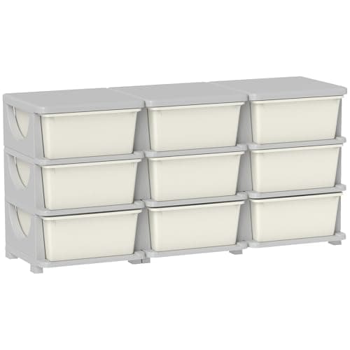 Image of HOMCOM 9 Drawers Plastic Storage Units, 3 Tier Kids Storage Units, Children Toy Chest for Nursery, Playroom, Bedroom, Cream