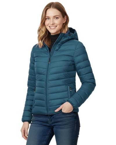 Image of 33,000ft Women's Lightweight Puffer Jacket Water Repellent Warm Packable Quilted Coat with Hood Ladies Transitional Padded Lined Jacket for Hiking Climbing Acid Blue M