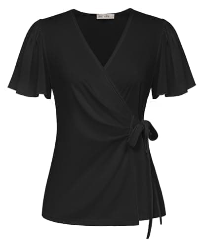Image of GRACE KARIN Women’s Blouse Ruffle Short Sleeve V-Neck Simple Wrap Tunic Tops Casual Loose Summer Blouses for Ladies Black