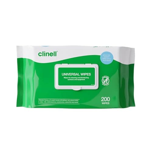 Image of Clinell Universal Cleaning and Disinfectant Wipes for Surfaces - Pack of 200 Regular Wipes - Multi-Purpose, Kills 99.99% of Germs, Effective from 10 Seconds