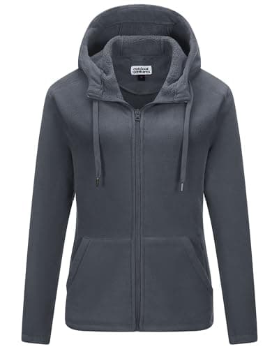 Image of Outdoor Ventures Womens Fleece Jackets Warm Full Zip Coat Ladies Outdoor Casual Long Sleeve Hooded Jacket Soft Outerwear Running Jacket With 6 Large Pockets For Walking & Travelling Dark Grey L