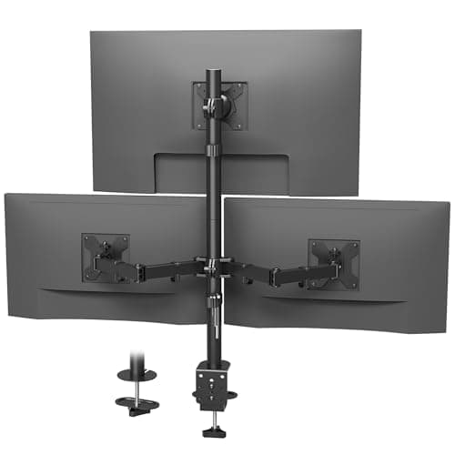 Image of BONTEC Triple Monitor Stand, Adjustable Desk Mount for 13-32 Inch Monitors, VESA 75x75/100x100mm, 360° Rotation, Max 30kg per Arm, Ergonomic Design, Dual Installation Options for Office & Gaming