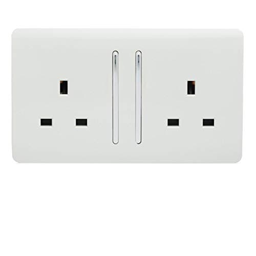 Image of Trendi 2 Gang Raised Artistic Modern Glossy Screwless 13 Amp Single Pole with Chrome Switched UK Standard Electrical Double Wall Plug Socket in Ice White - ART-SKT213LWH