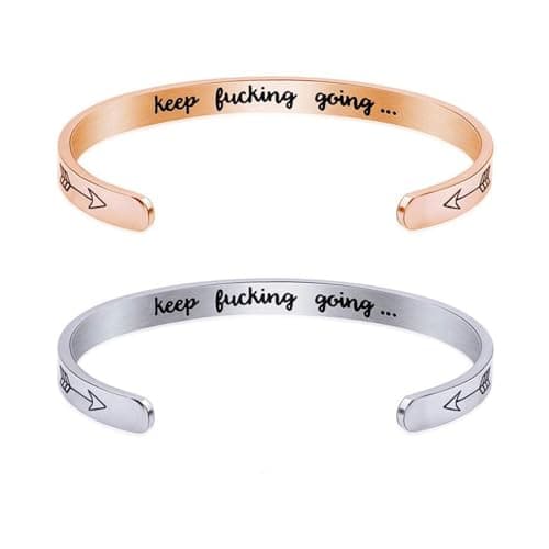 Image of SwirlColor Keep Going Bracelet Silver Rose Gold Cuff Bangle Bracelet Engraved Inspirational Gifts for Women Friends Couple 2 pcs