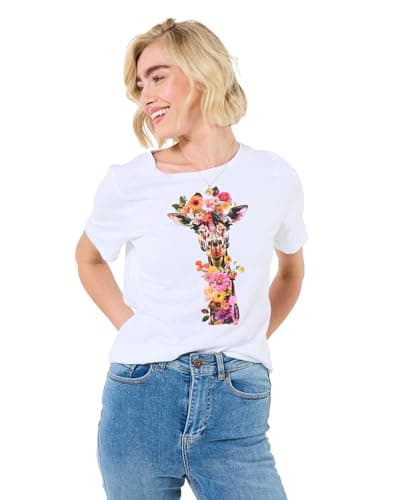 Image of Joe Browns Women's Floral Giraffe Graphic Print Tee, Regular, White, UK 16