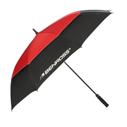 Image of BENROSS By American Golf Windproof 68" Dual Canopy Golf Umbrella – Strong Lightweight Fibreglass Frame with UV Protection & Non-Slip Handle – Black/Red
