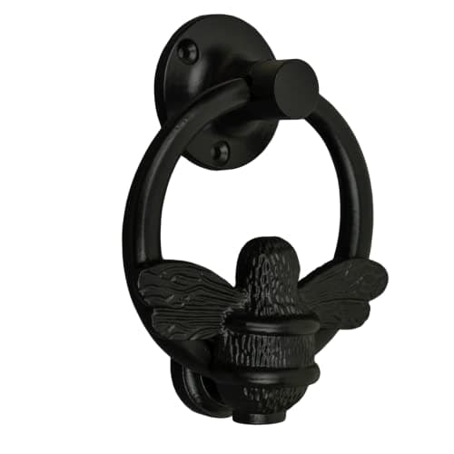 Image of Black Bee Door Knocker for Front Door | Polished Solid Brass Bee Ring | Black Knockers with Strike Plate | UPVC | Bumblebee Front Door Furniture with a Unique Design