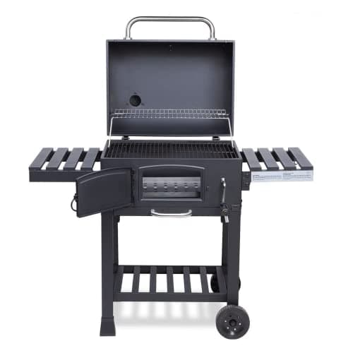 Image of CosmoGrill Outdoor XL Smoker Barbecue Charcoal Portable BBQ Grill, 2 Folding Side Table, Built-in Thermometer, Adjustable Charcoal Pan & Chimney, Wheels, Large Coal BBQ Smoker for Home Garden Cooking