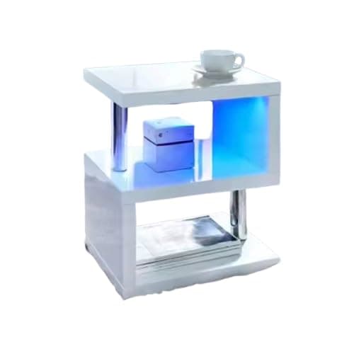 Image of White Led Side Table Small Coffee Table For Living Room, High Gloss S Shape Sofa End Table With RGB Led Lights, 2 Tier Storage Shelves Rectangle Coffee Tables For Home Office Furniture