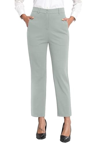 Image of GRECERELLE Womens Work Trousers Office Smart Stretchy High Elasticated Waist Straight Leg Casual Yoga Pants for Women UK with Pockets Zipper (Light Cyan Grey, M)