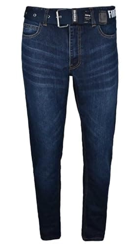 Image of Firetrap Mens Straight Leg Jeans Denim Classic Casual Pants Work Trousers Multi Pockets with Free Belt Dark Wash 34W / 32L
